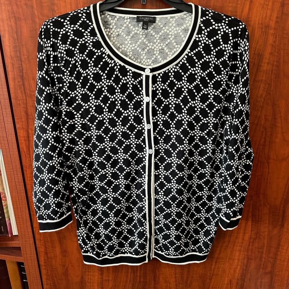 Talbots Black and White Monochrome Patterned Sweater Cotton Blend